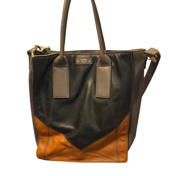 Fossil Handbags - Vintage FOSSIL Genuine Grey/Black/Tan Leather Tote Shoulder Office Handbag